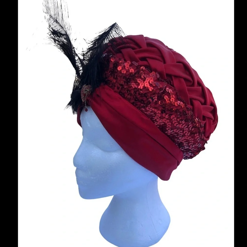 Vintage 1950s Sola Rei’s Burgundy Sequin Feather Turban Hat